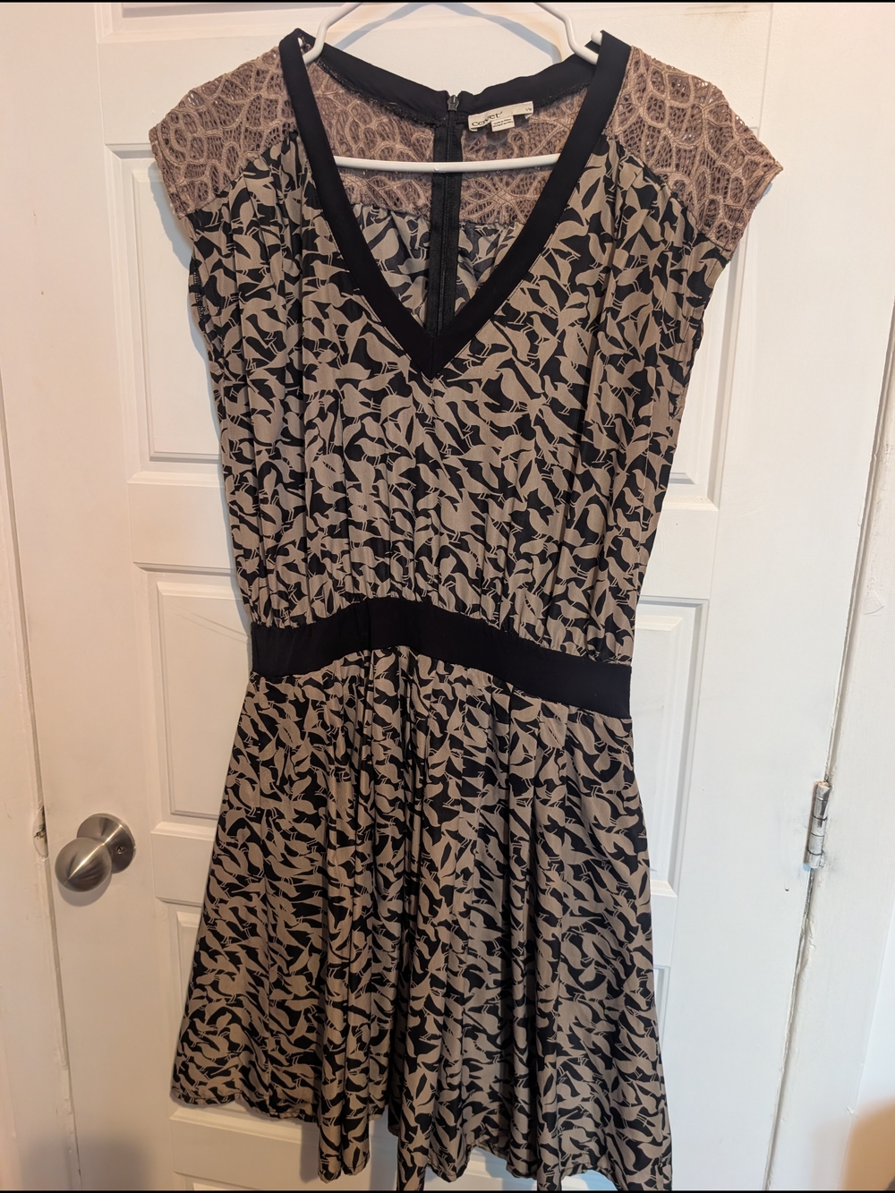 V-Neck Beige and Black Floral Lace Cap Sleeve Mini Dress